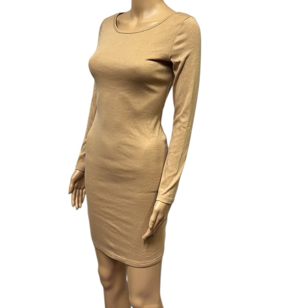 Cotton Khaki Tan Long Sleeve Formfit Bodycon Tee Shirt Mini Dress Womens Small